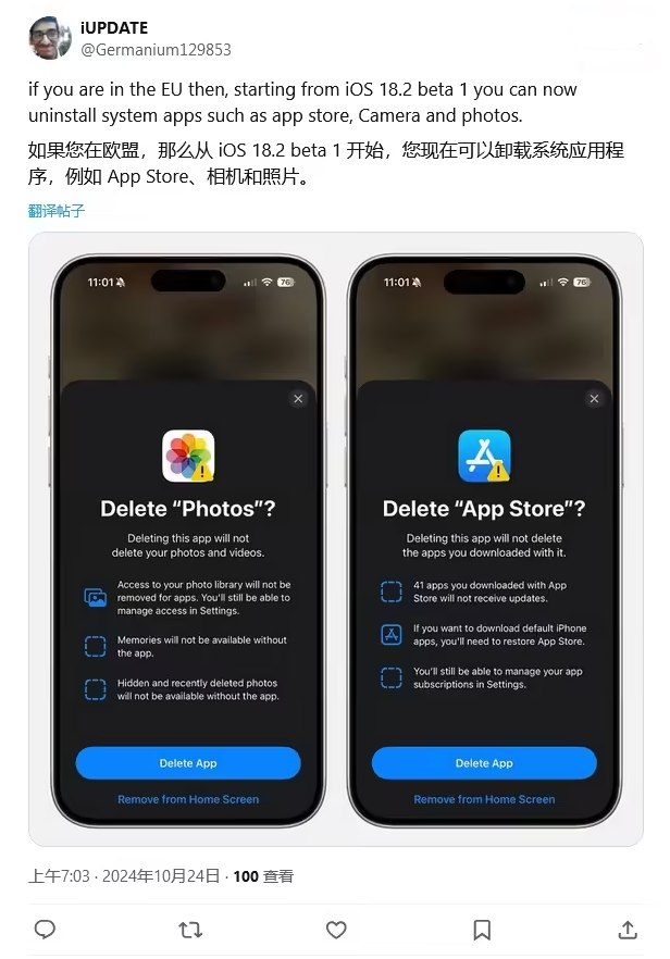 呼玛苹果手机维修分享iOS 18.2 支持删除 App Store 应用商店 