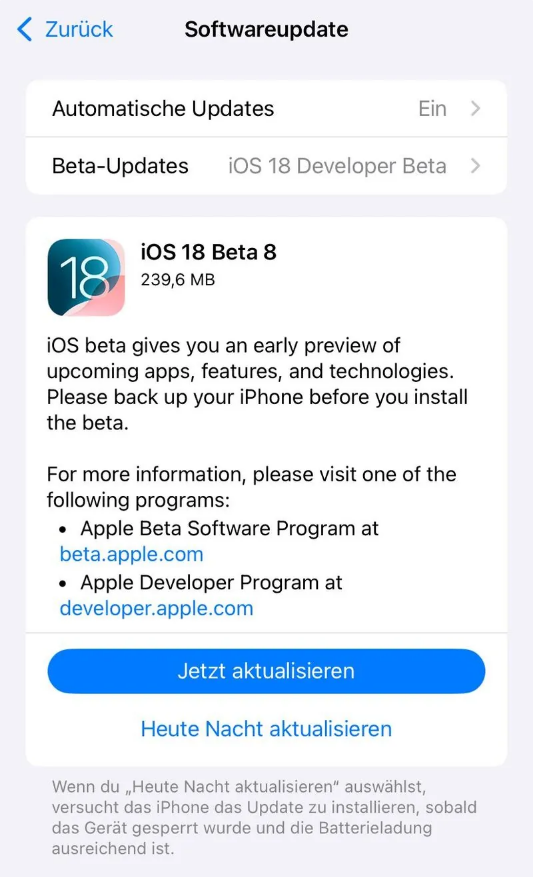 呼玛苹果手机维修分享苹果 iOS / iPadOS 18 开发者预览版 Beta 8 发布 